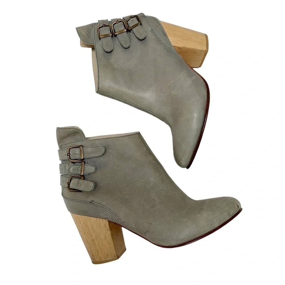 Fortress of Inca Leather Booties Size 6 Ankle Boots Heel Buckles Gray Green